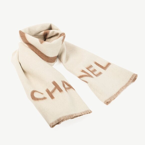 Chanel Brown and White Two-Tone Cashmere CC Logo Blank Shawl - Picture 1 of 5